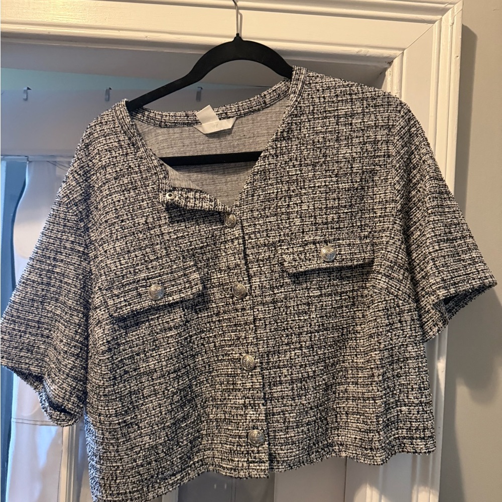 H&M Black and White Tweed Button-Down Crop Shirt